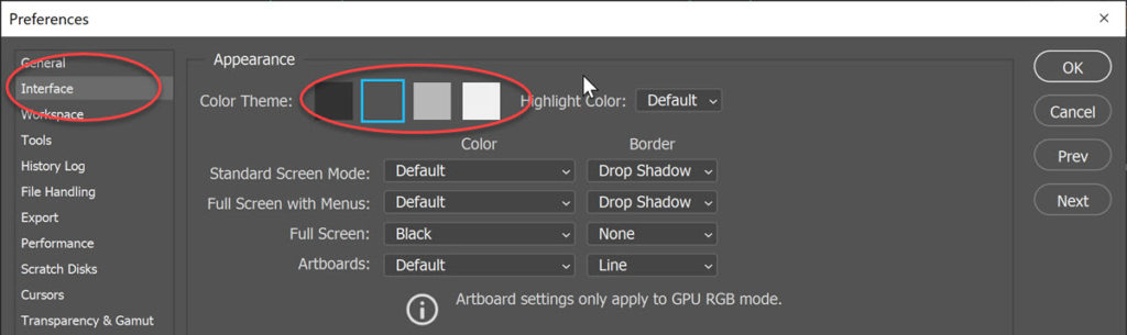 Photoshop Preferences - Change Interface Colour 1