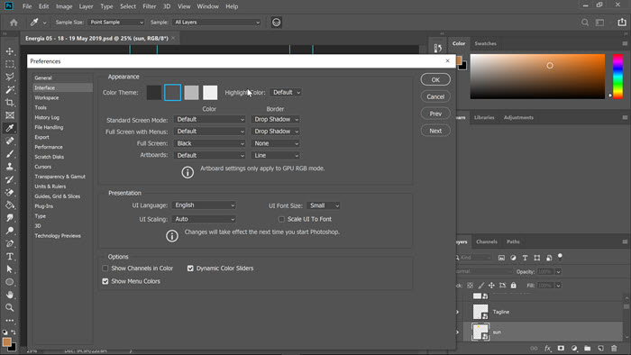 Photoshop Preferences - Change Interface Colour Dark Grey