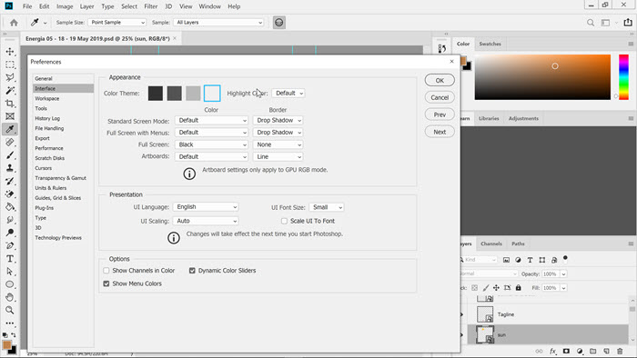 Photoshop Preferences - Change Interface Colour Lightest