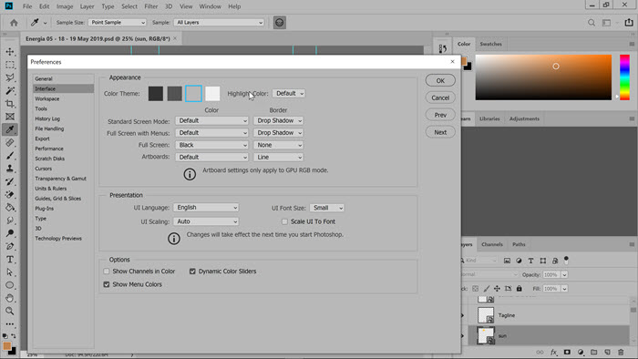 Photoshop Preferences - Change Interface Colour Mid Grey