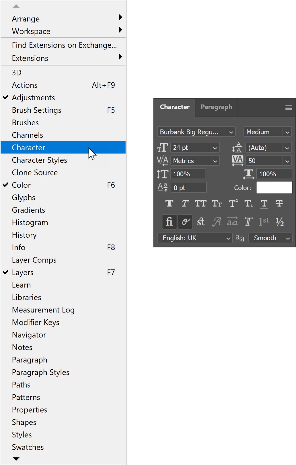 All the panels in Photoshop under Window menu