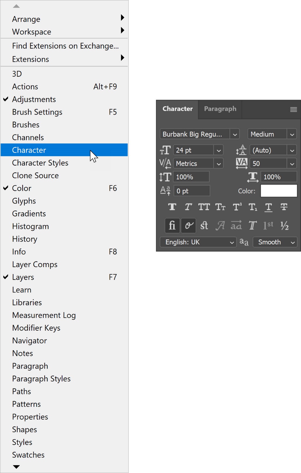 All the panels in Photoshop under Window menu All the panels in Photoshop under Window menu