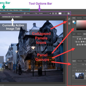 Photoshop Workspace with Menu Bar, Tool Options Bar, Toolbar and Panel Groups