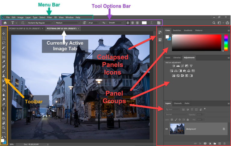 Photoshop Workspace with Menu Bar, Tool Options Bar, Toolbar and Panel Groups