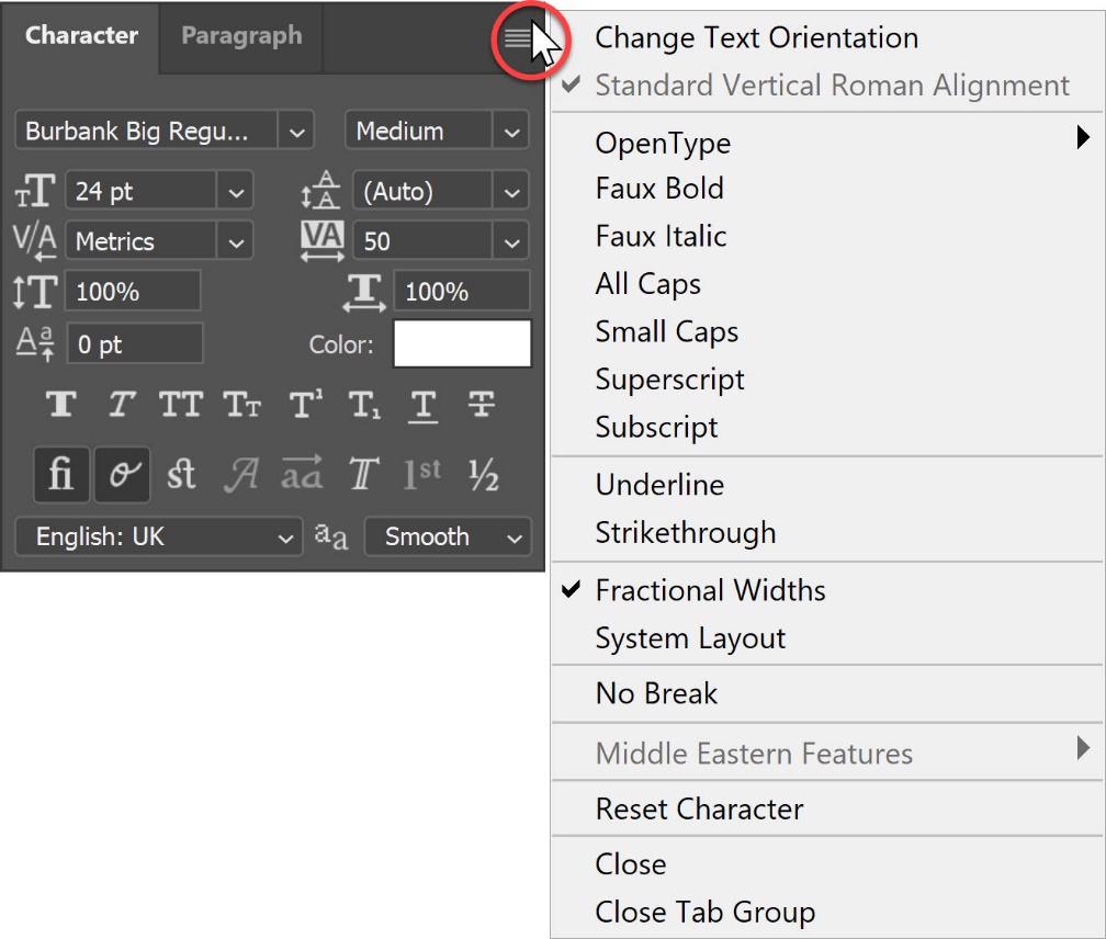 Panel context sensitive menu in photoshop Panel context sensitive menu in photoshop
